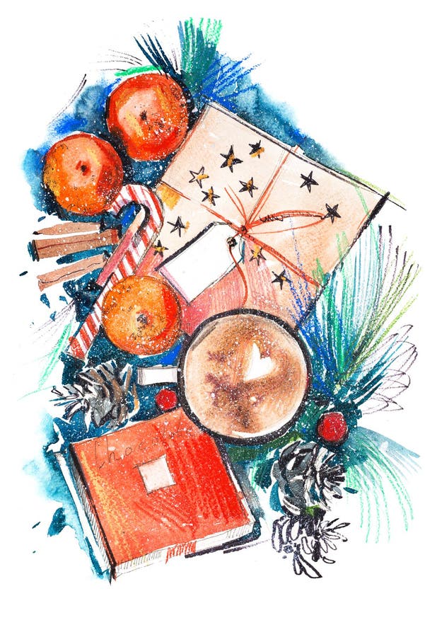 Kerstmisstilleven met mandarine koffiechocolade watercolor vector illustratie Kerstmisstilleven met mandarine koffiechocolade watercolor vector illustratie