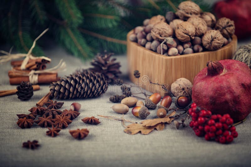 Kerstmisstilleven van noten, nette die takken, eikels, elskegels en granaatappel, op ruwe stof worden opgemaakt stock fotografie Kerstmisstilleven van noten, nette die takken, eikels, elskegels en granaatappel, op ruwe stof worden opgemaakt stock fotografie