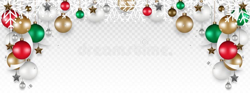 Christmas decoration border with White snowflake, Christmas ball, Stars, and Ribbon hanging on transparent background. Xmas ornament. Ball bauble. Vector illustration. Christmas decoration border with White snowflake, Christmas ball, Stars, and Ribbon hanging on transparent background. Xmas ornament. Ball bauble. Vector illustration.