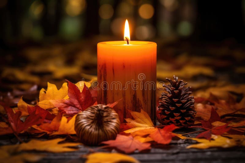 Kerze mit Herbstblättern lizenzfreie abbildung