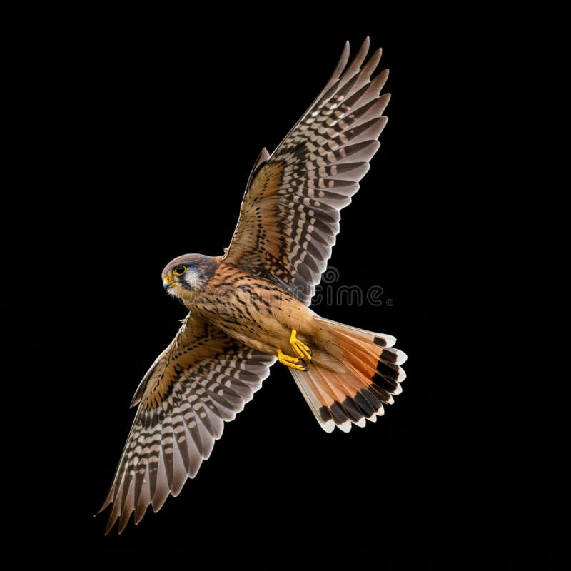 Kestrel in Flight Against Black Background stock illustration