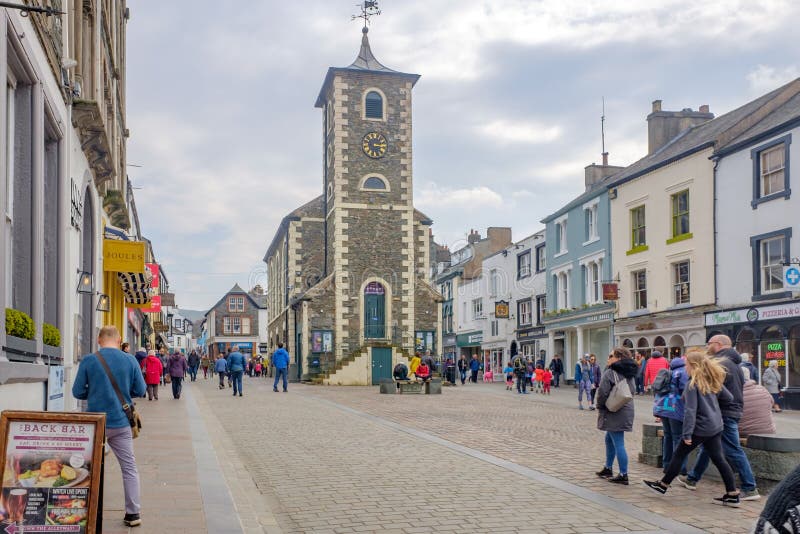 Keswick Cumbria UK April 15 2019 Tourists in Keswick Town Centre