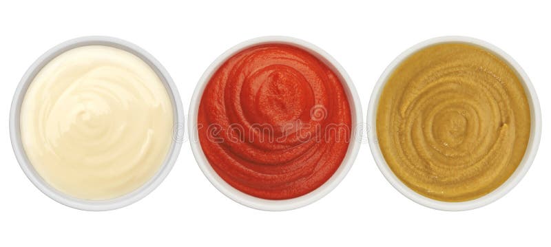 Ketchup, mayonnaise and mustard isolated on white background top view with clipping path. Ketchup, mayonnaise and mustard isolated on white background top view with clipping path
