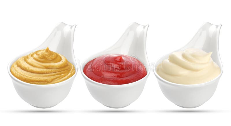 Ketchup, mustard, and mayonnaise in bowl isolated on white background. Ketchup, mustard, and mayonnaise in bowl isolated on white background
