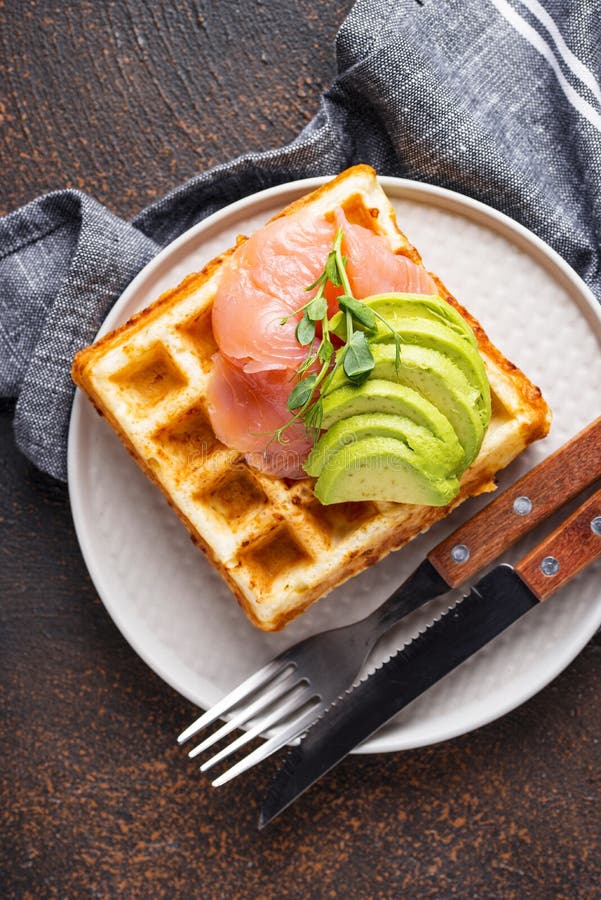 Keto Cheese Waffle with Avocado Stock Image Image of microgreen
