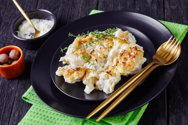 Keto diet cauliflower cheese with thyme on top royalty free stock photos