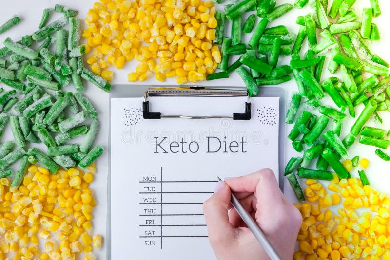 Keto DIET plan. Frozen vegetables food of yellow corn, green beans. Harvest Food preservation for winter. Veganism, vegetarian