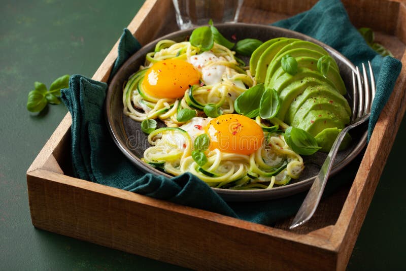 Keto Low Carb Breakfast Baked Spiralized Zucchini with Eggs and Avocado