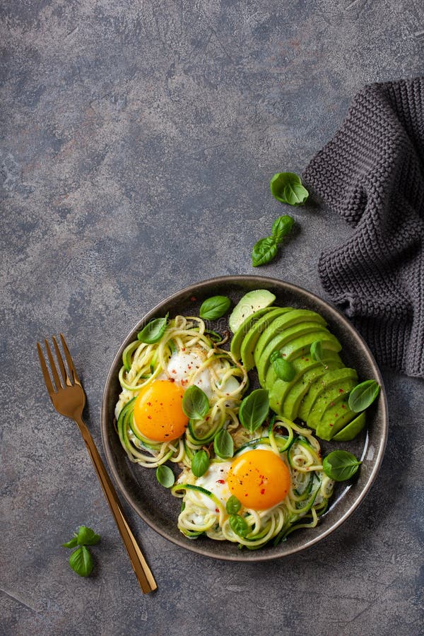Keto Low Carb Breakfast Baked Spiralized Zucchini with Eggs and Avocado