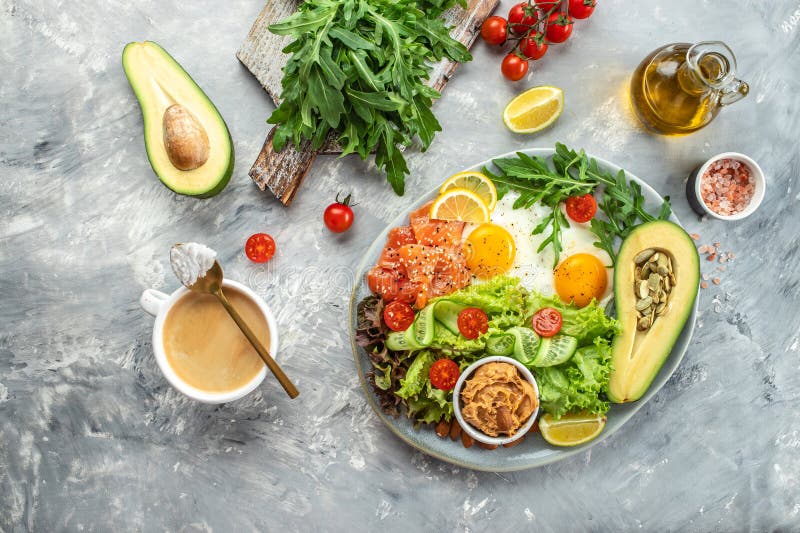 Ketogenic Diet Breakfast Vegetables Salad, Avocado, Fish, Eggs, Nuts