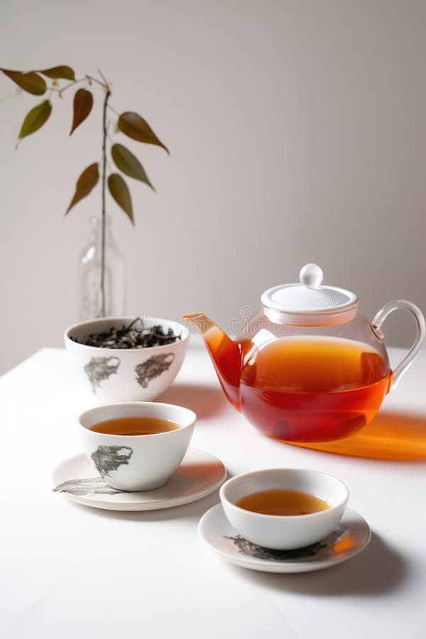 Kettle and Cup of Highend Tea, Warm, on a White Table, Product