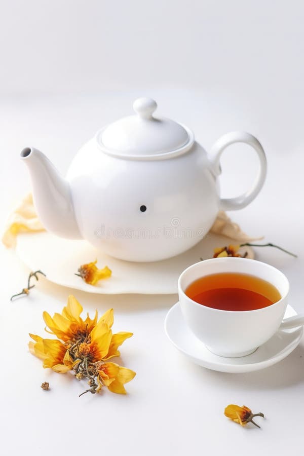 Kettle and Cup of Highend Tea, Warm, on a White Table, Product Photography Stock Illustration