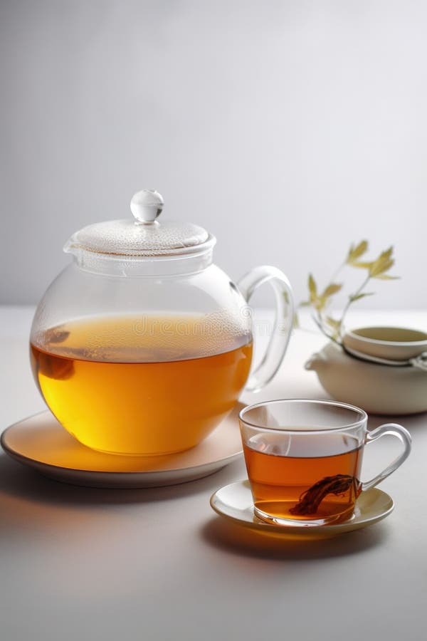 Kettle and Cup of Highend Tea, Warm, on a White Table, Product Photography Stock Image Image
