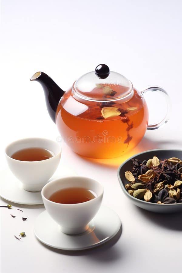 Kettle and Cup of Highend Tea, Warm, on a White Table, Product