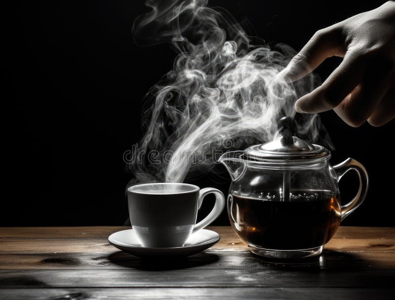 Pouring hot water into into a cup on a black background, Stock image