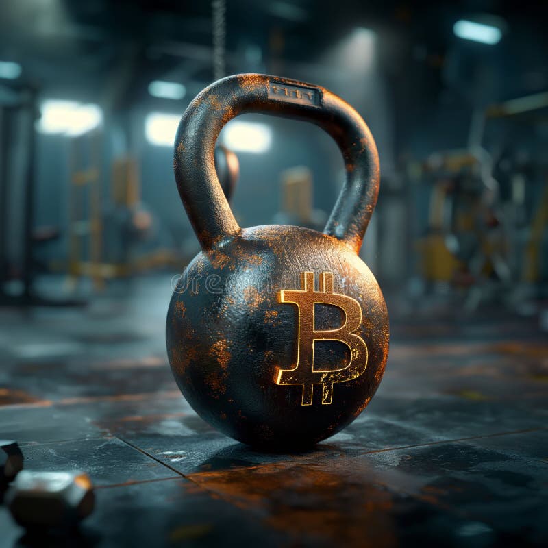 Kettlebell with Bitcoin Symbol in a Gym. An image of a kettlebell with a Bitcoin symbol, placed in a gym environment. The rugged texture of the kettlebell and the gym s background highlight the strength and value of Bitcoin. AI generated
