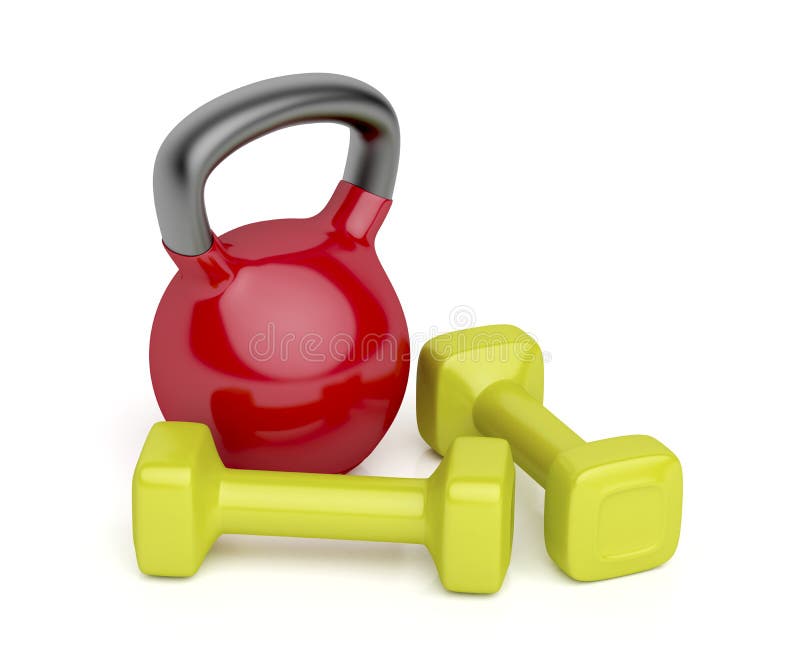 Kettlebell and a pair of dumbbells on white background. Kettlebell and a pair of dumbbells on white background