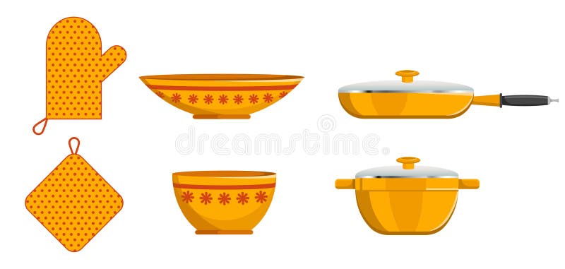 Keukenpot en Schotel Pan Crockery en Vuisthandschoenreeks stock illustratie Keukenpot en Schotel Pan Crockery en Vuisthandschoenreeks stock illustratie
