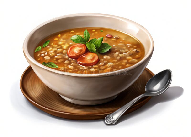 Keule aus herzhafter Linsensuppe mit frischen Kräutern und Gemüse auf weißem Hintergrund für einen nährstoffreichen und gesunden lizenzfreie abbildung