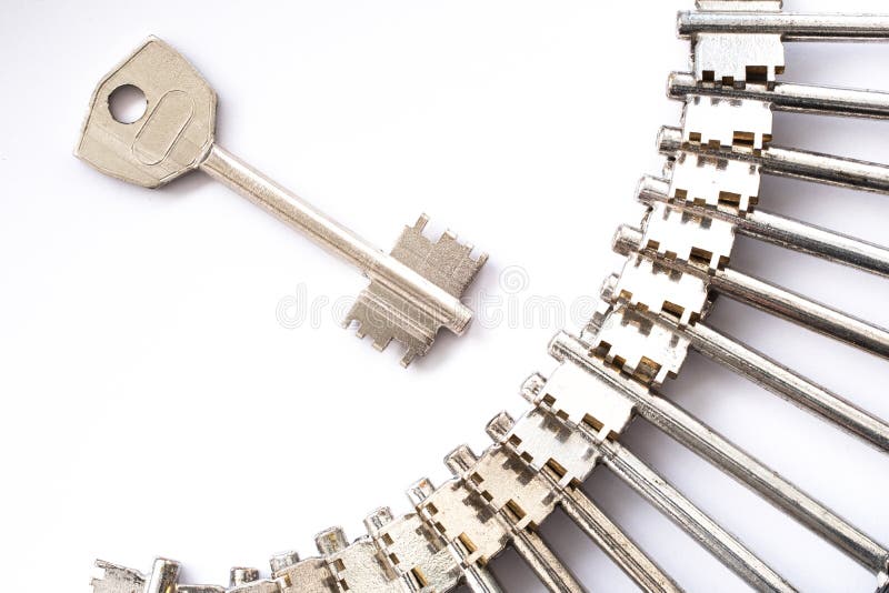 The key of the door lock opposite to it is the set of the same keys that open the doors stock photos The key of the door lock opposite to it is the set of the same keys that open the doors stock photos