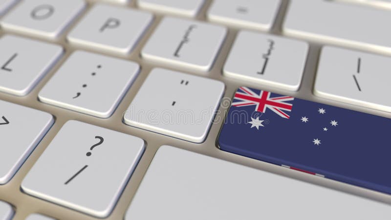 Key with flag of Australia on the computer keyboard switches to key with flag of Great Britain, cooperation or