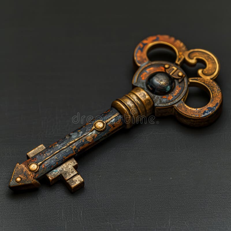 A key with a gold and blue design sits on a black surface royalty free stock image