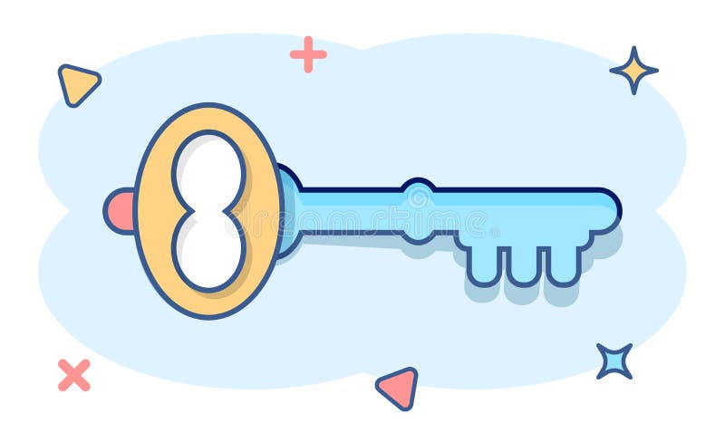 Key Icon in Comic Style. Password Cartoon Vector Illustration on White