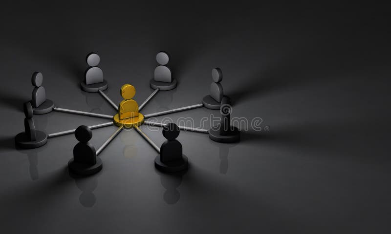 A key person at the center of a group of people. It is the mastermind behind the group and is connected to each member of the stock illustration