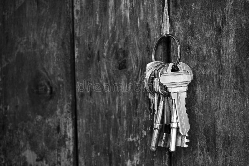 Key ring with wood fence texture background in black and white tone