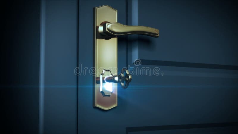 Key unlocking lock and door opening to a bright light. HD 1080. Alpha mask included