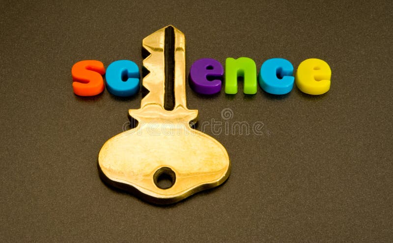 A macro image of the word science in colorful lower case letters but where the 'i' has been replaced by a large gold key. The image is isolated on a plain dark background. A macro image of the word science in colorful lower case letters but where the 'i' has been replaced by a large gold key. The image is isolated on a plain dark background.