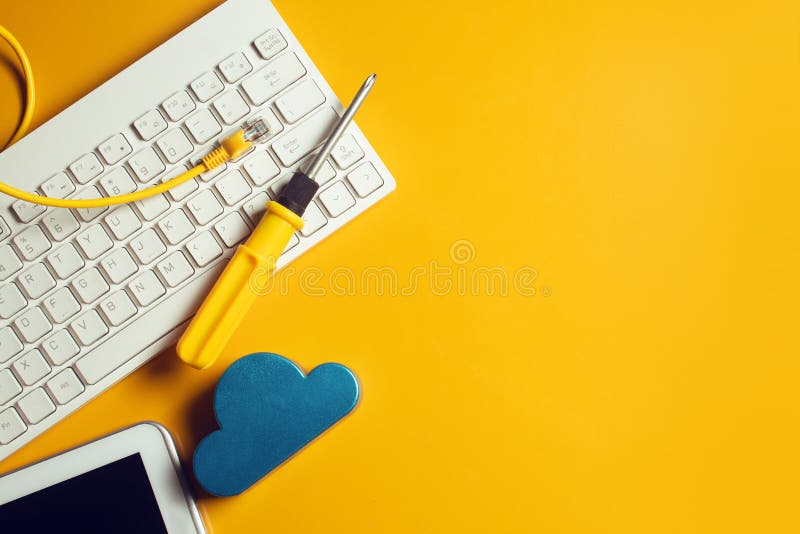 Keyboard Computer with Lan Server Wire and Cloud Storage Device Smartphone in Top View