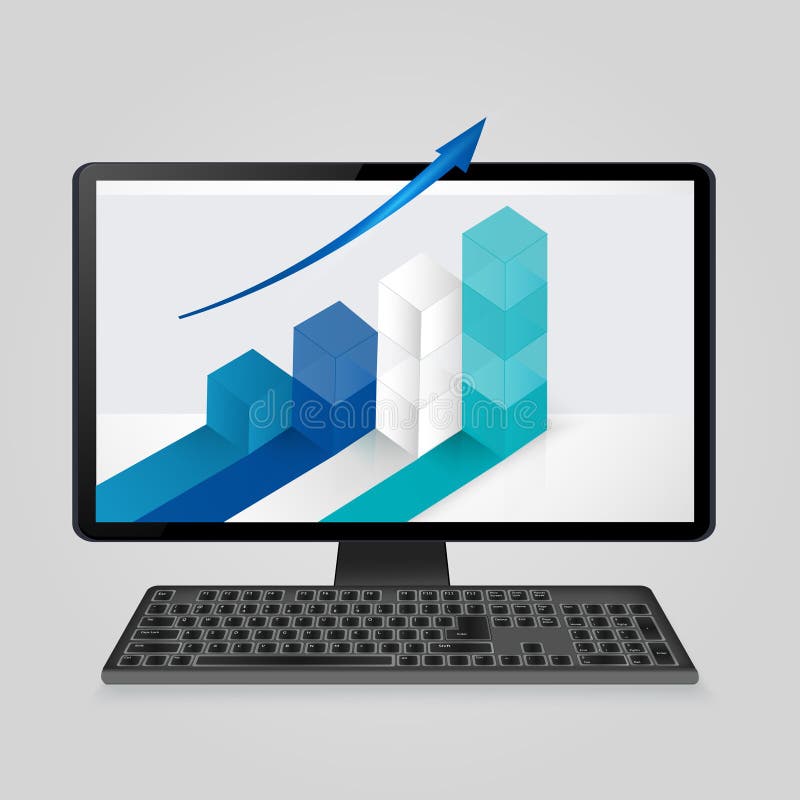 Keyboard and computer monitor with growing bar graph and arrow on screen. analysis business, finance, statistics concept royalty free illustration