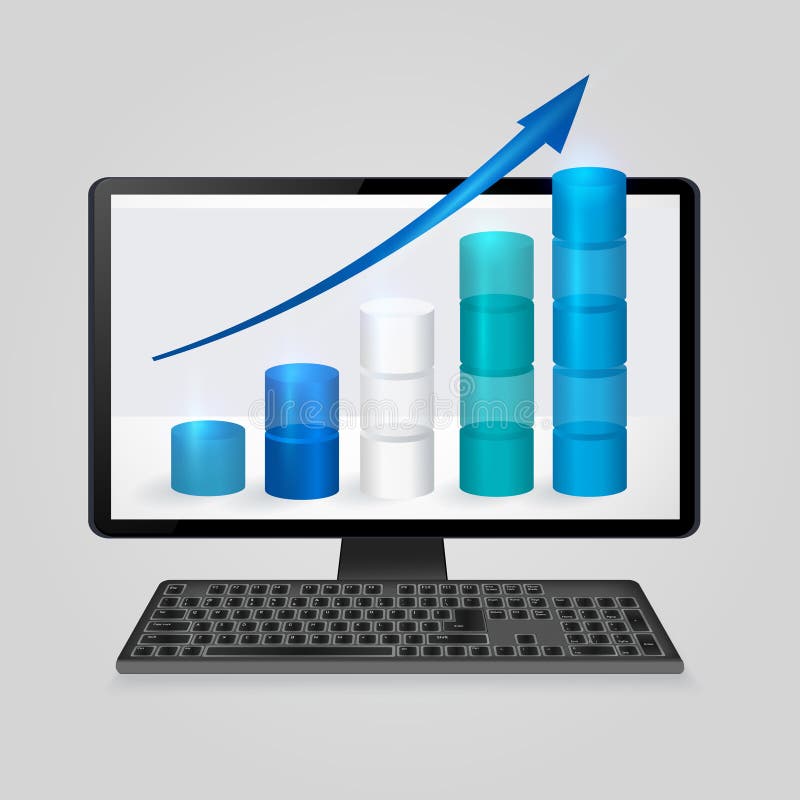 Keyboard and computer monitor with growing bar graph and arrow on screen. analysis business, finance, statistics concept royalty free illustration