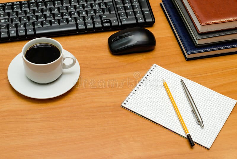 Keyboard, Cup of Coffee and Office Supplies Stock Image Image of