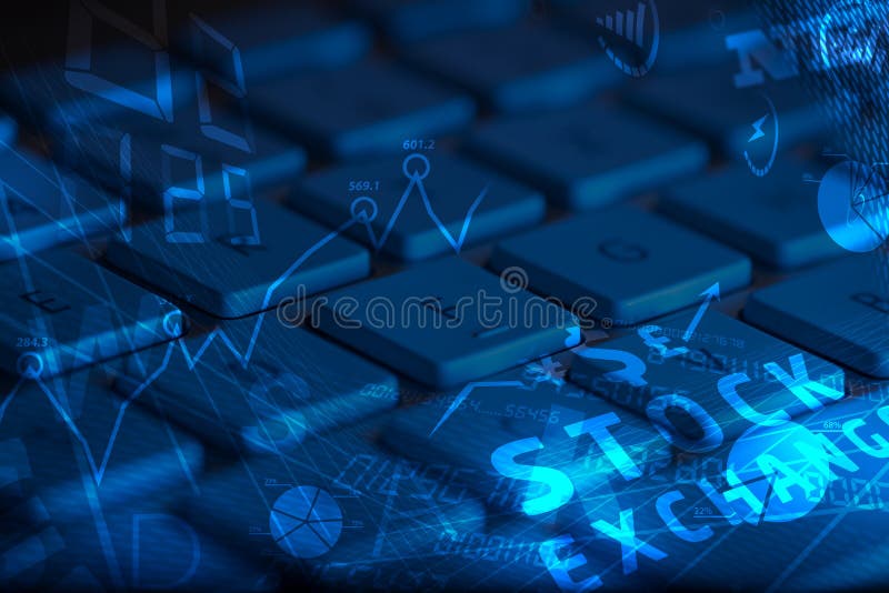 Keyboard with glowing business icons stock photos