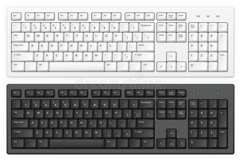 Keyboard. PC white and black key buttons with english qwerty alphabet realistic vector isolated template for device and