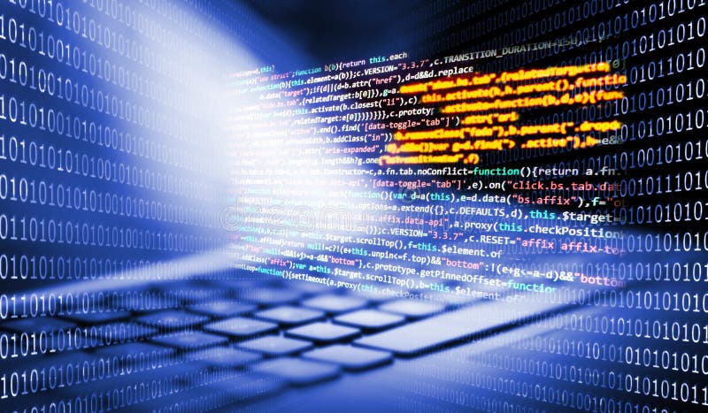 Keyboard with programming code and binary code stock illustration