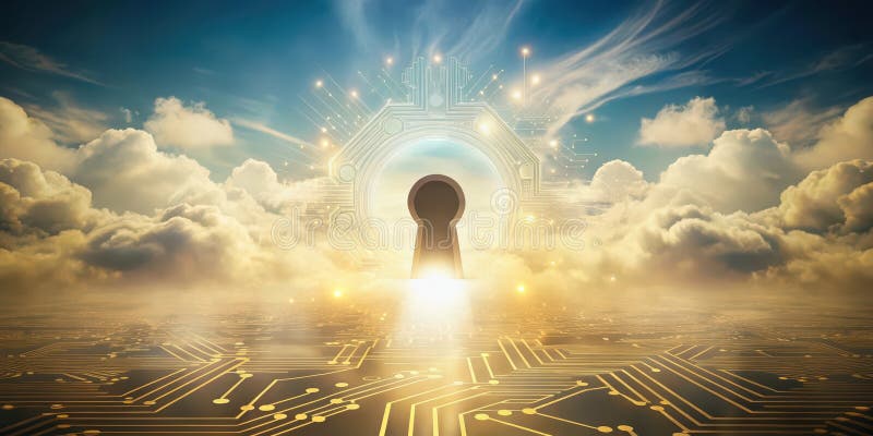 A keyhole gateway to a digital cloudscape illuminated pathways and circuitry lead to a bright future. Generative AI stock illustration