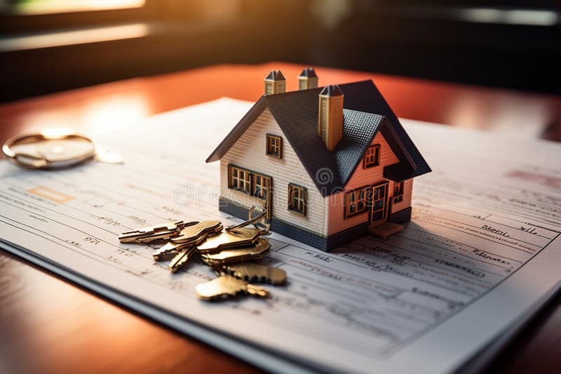 Keys, Contract, and House Model on a Table, Real Estate Stock