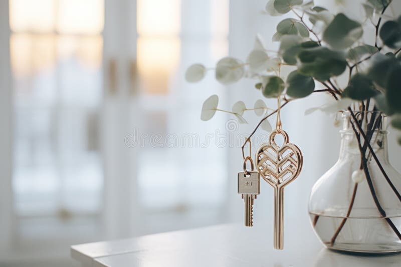 Keys hang on a branch standing in a vase on the table against the background of a blurry image of a cozy bright room. copy space AI generated
