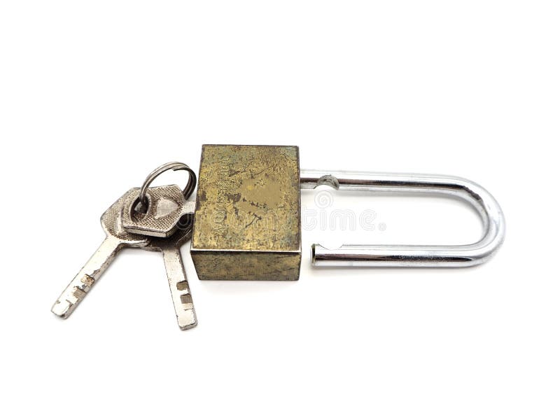 Keys Stuck in a Old Lock Isolated on a White Background Stock Photo