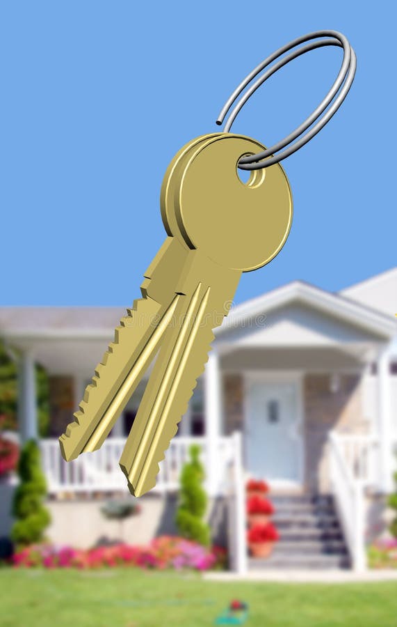 3D rendering of the keys in front of a country house. 3D rendering of the keys in front of a country house