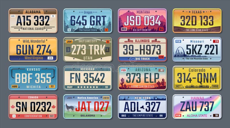 Car plates. American registration numbers of different states, vehicles license plates. Vector isolated illustration colored signs set on gray background. Car plates. American registration numbers of different states, vehicles license plates. Vector isolated illustration colored signs set on gray background