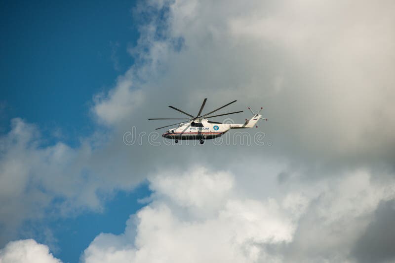 Khabarovsk, Russia - September 3, 2017: Mi-26 heavy military transport in flight in the colors of EMERCOM of Russia