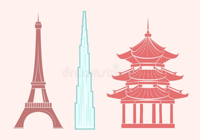 Khalifa di Burj, della torre Eiffel e tempio cinese royalty illustrazione gratis Khalifa di Burj, della torre Eiffel e tempio cinese royalty illustrazione gratis