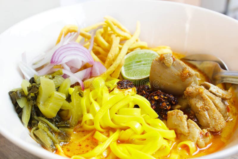 Northern thai noodle curry soup, khao soi traditional thai food. Northern thai noodle curry soup, khao soi traditional thai food.