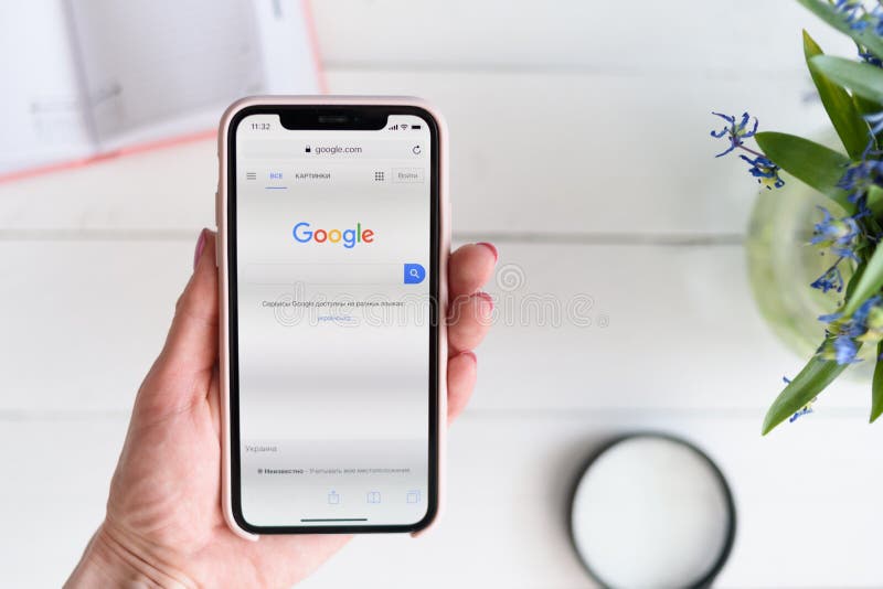 Kharkiv Ukraine April 10 19 Woman Holds Apple Iphone X With Google Com Site On The Screen Search Page Editorial Image Image Of Holding Online