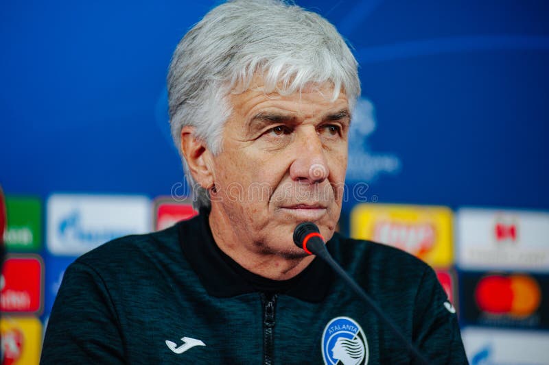 Kharkiv, Ukraine - December 10, 2019: Gian Piero Gasperini head coach of Atalanta and his pre match press conference of the match UEFA league champions Atalanta - Shakhtar