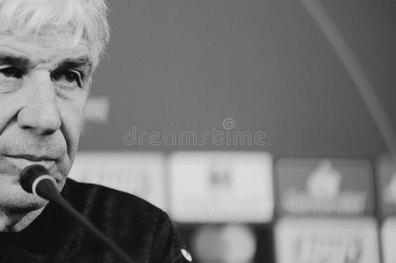 Kharkiv, Ukraine - December 10, 2019: Gian Piero Gasperini head coach of Atalanta and his pre match press conference of the match UEFA league champions Atalanta - Shakhtar